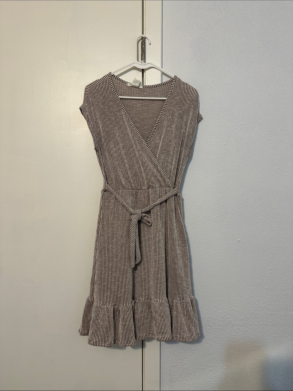 Striped Taupe Wrap Dress with Tie Waist